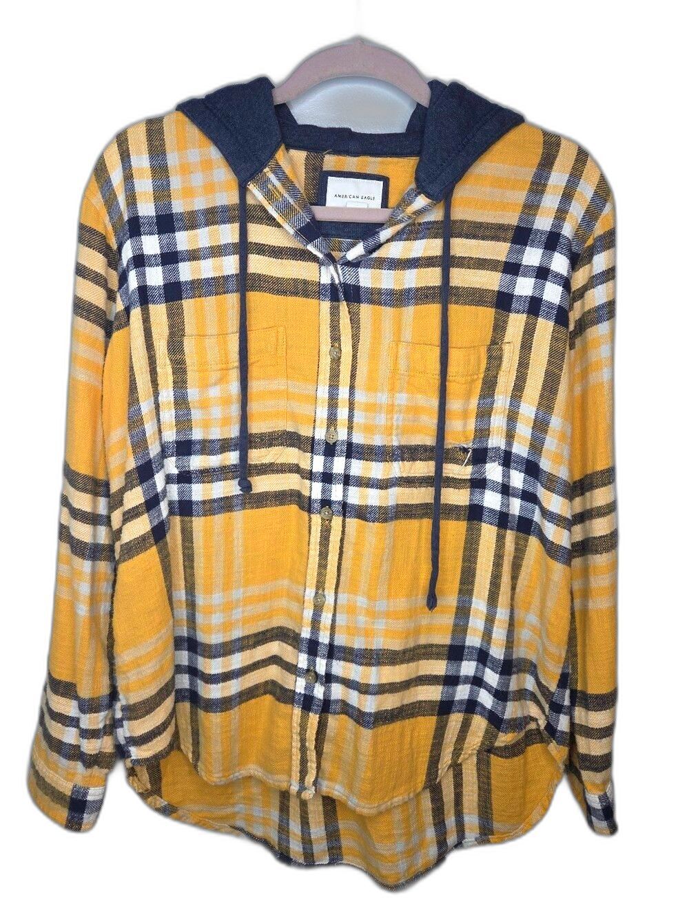 American Eagle Yellow and Navy Plaid Hooded Button-Up